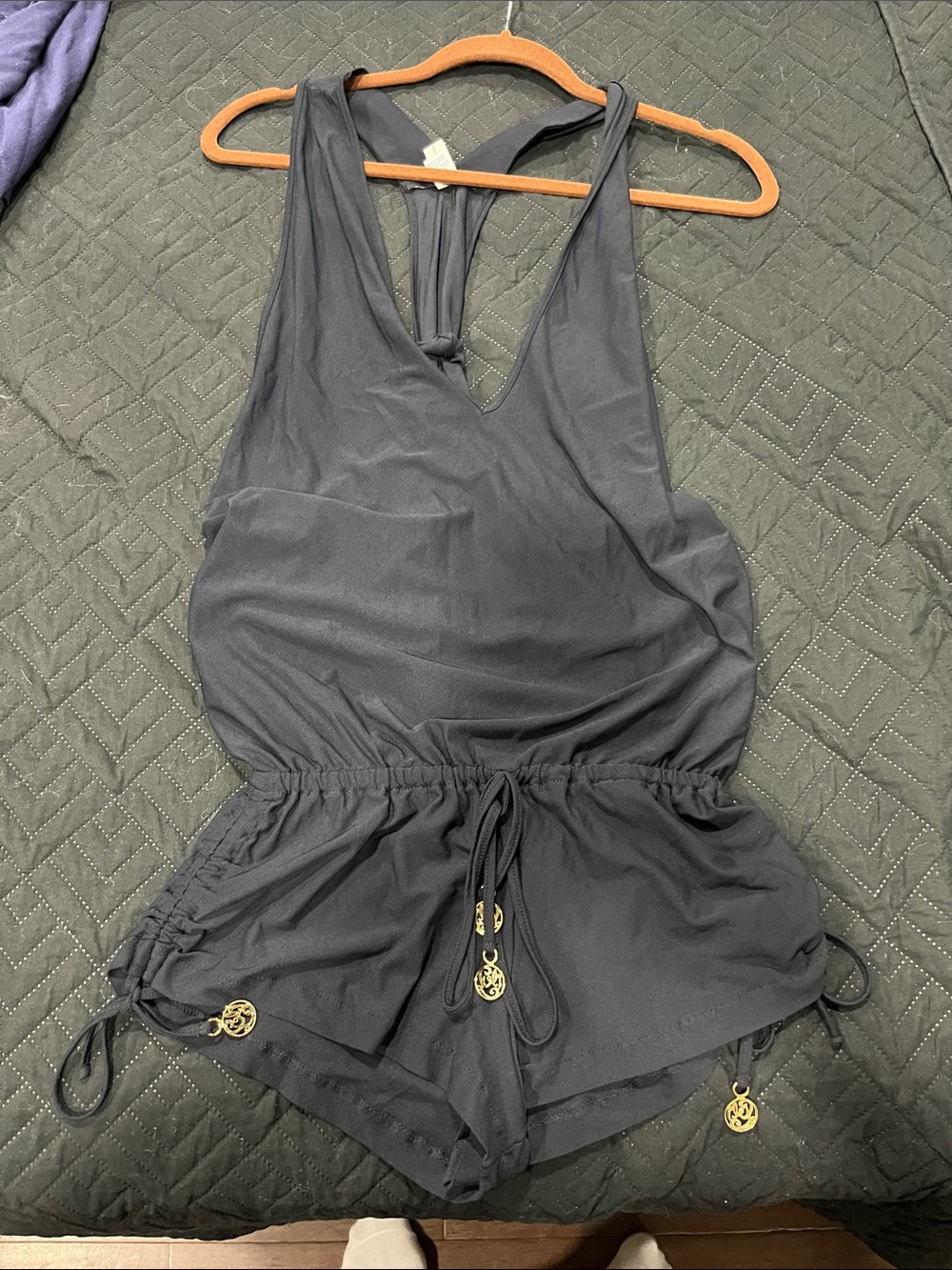 Luli Fama Black Sleeveless Swim Coverup Romper with Gold Charms